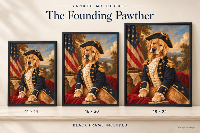 Illustrative mockups of 11×14, 16×20 and 18×24 dog art prints in black frames