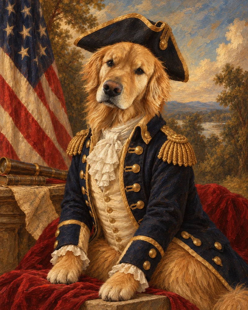 Sample golden retriever portrait in a George Washington inspired outfit