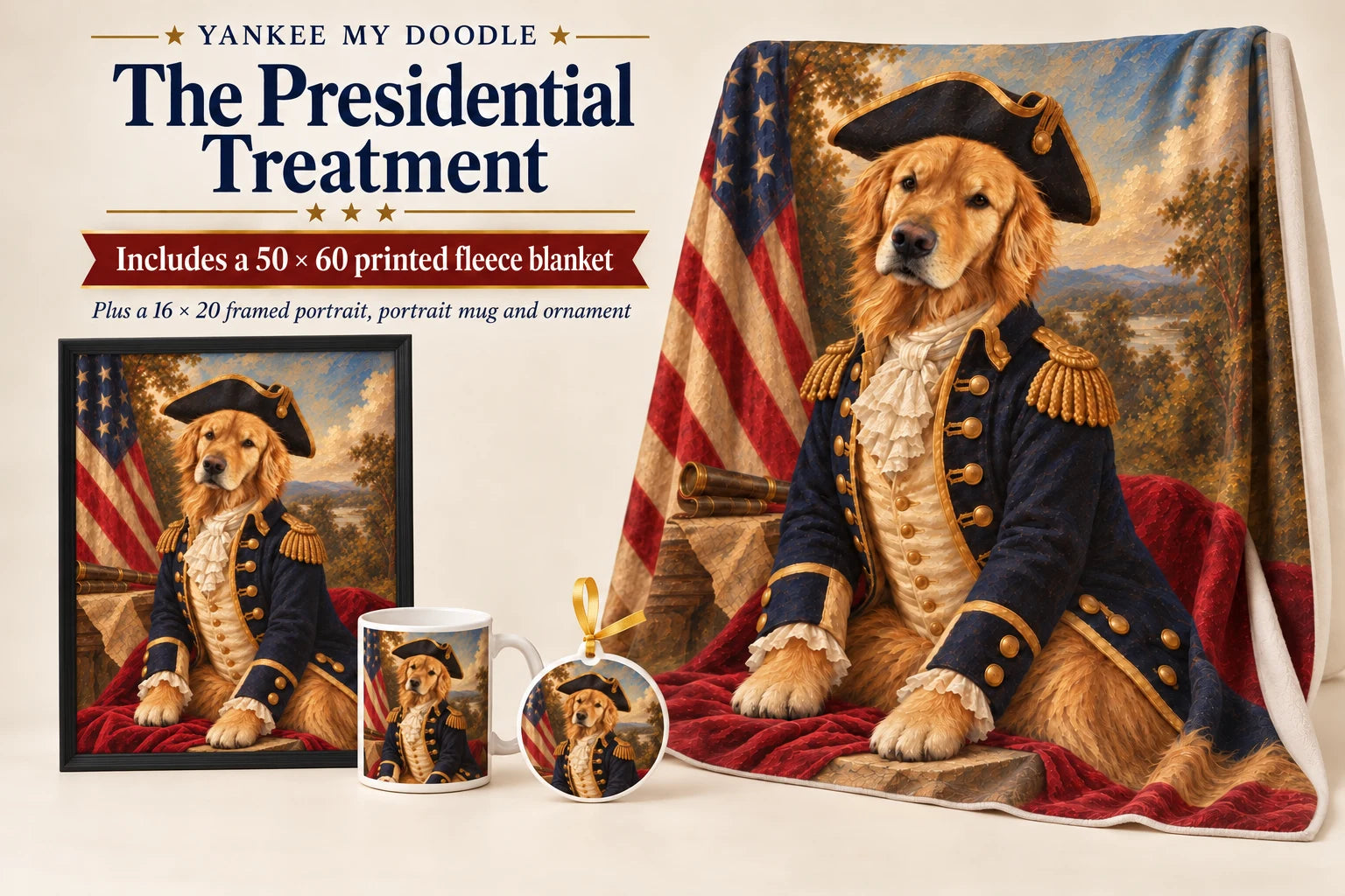 Illustrative Presidential package: framed portrait, mug, ornament and printed fleece blanket